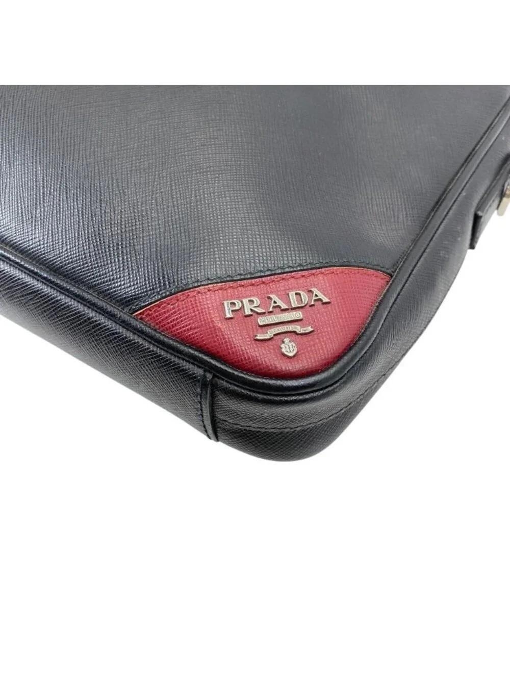 Prada Business Briefcase Handbag Logo Saffiano Leather Black Red Document